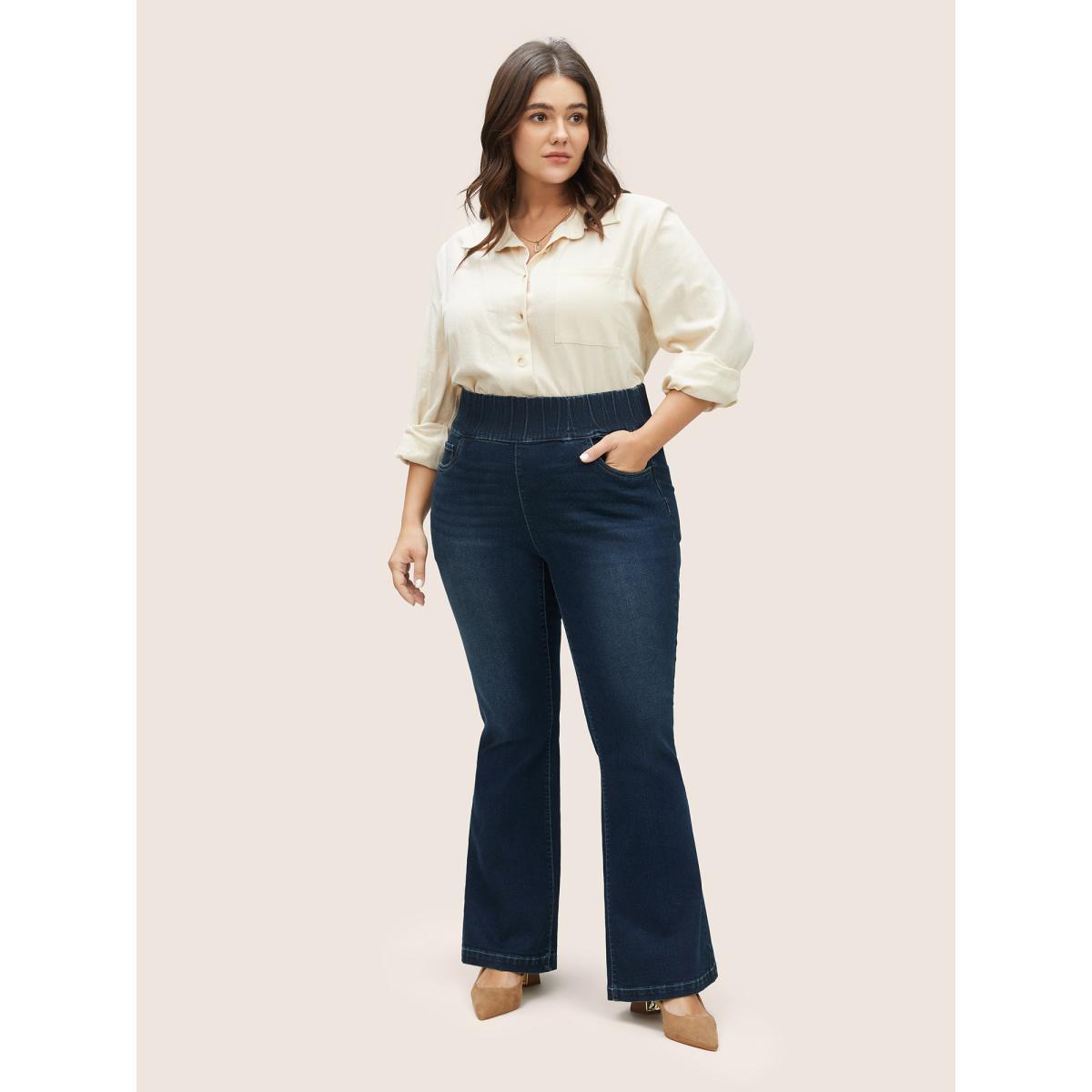 Plus Size Elastic Waist Flare Leg Dark Wash Jeans Women Indigo Casual Plain Non High stretch Slanted pocket Jeans BloomChic 26/4X Product Image