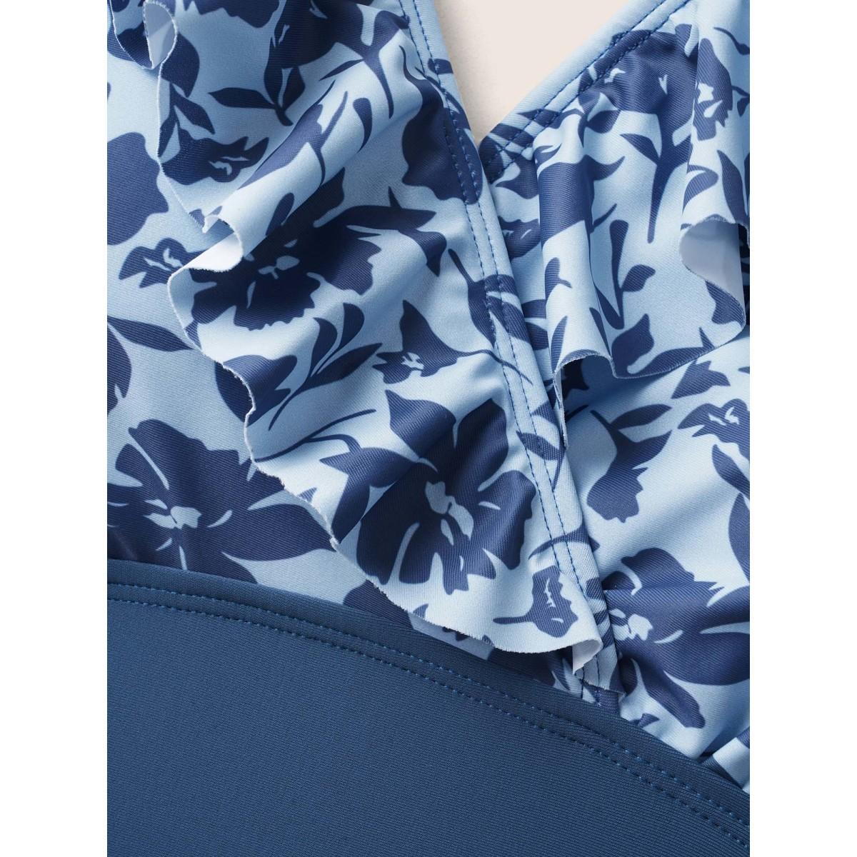 Plus Size Silhouette Floral Print Patchwork Ruffles One Piece Swimsuit Women's Swimwear Indigo Beach Gathered Curve Bathing Suits High stretch One Pieces BloomChic 30/6X Product Image