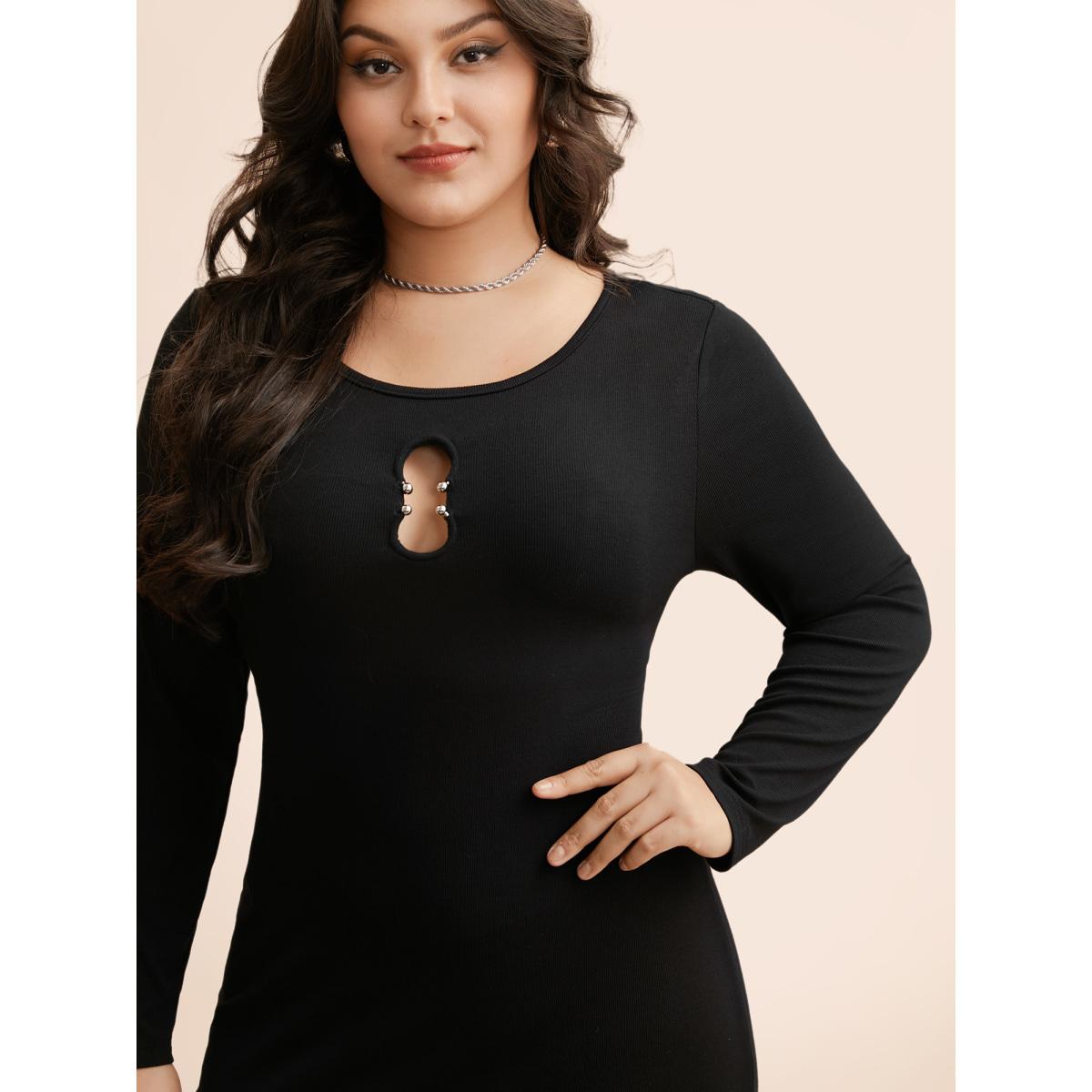 Plus Size Metal Detail Keyhole Split Hem Dress Black Women Elegant Texture Boat Neck Long Sleeve Curvy BloomChic 22-24/3X Product Image
