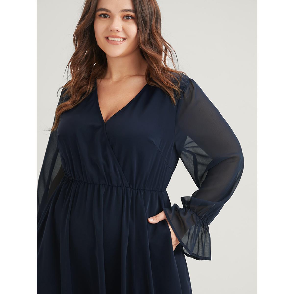 Plus Size Solid Button Split Pocket Wrap Lantern Sleeve Ruffles Hem Dress DarkBlue Women Casual Wrap V-neck Long Sleeve Curvy Midi Dress BloomChic 30/6X Product Image
