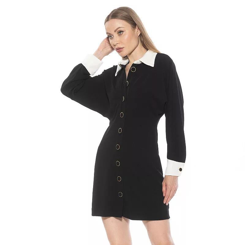 Women's ALEXIA ADMOR Velvette Contrast Collar Dolman Button Down Dress, Size: 4, Black Ivory Product Image