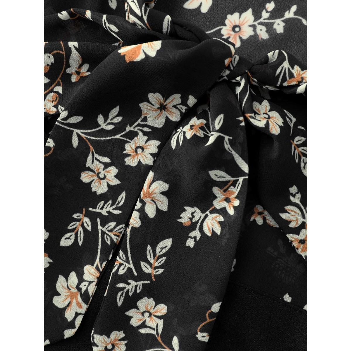 Plus Size Floral Print Ribbon Neck-Tie Knee Dress Black Women Timeless Ribbon-tied collar Long Sleeve Curvy BloomChic 22-24/3X Product Image