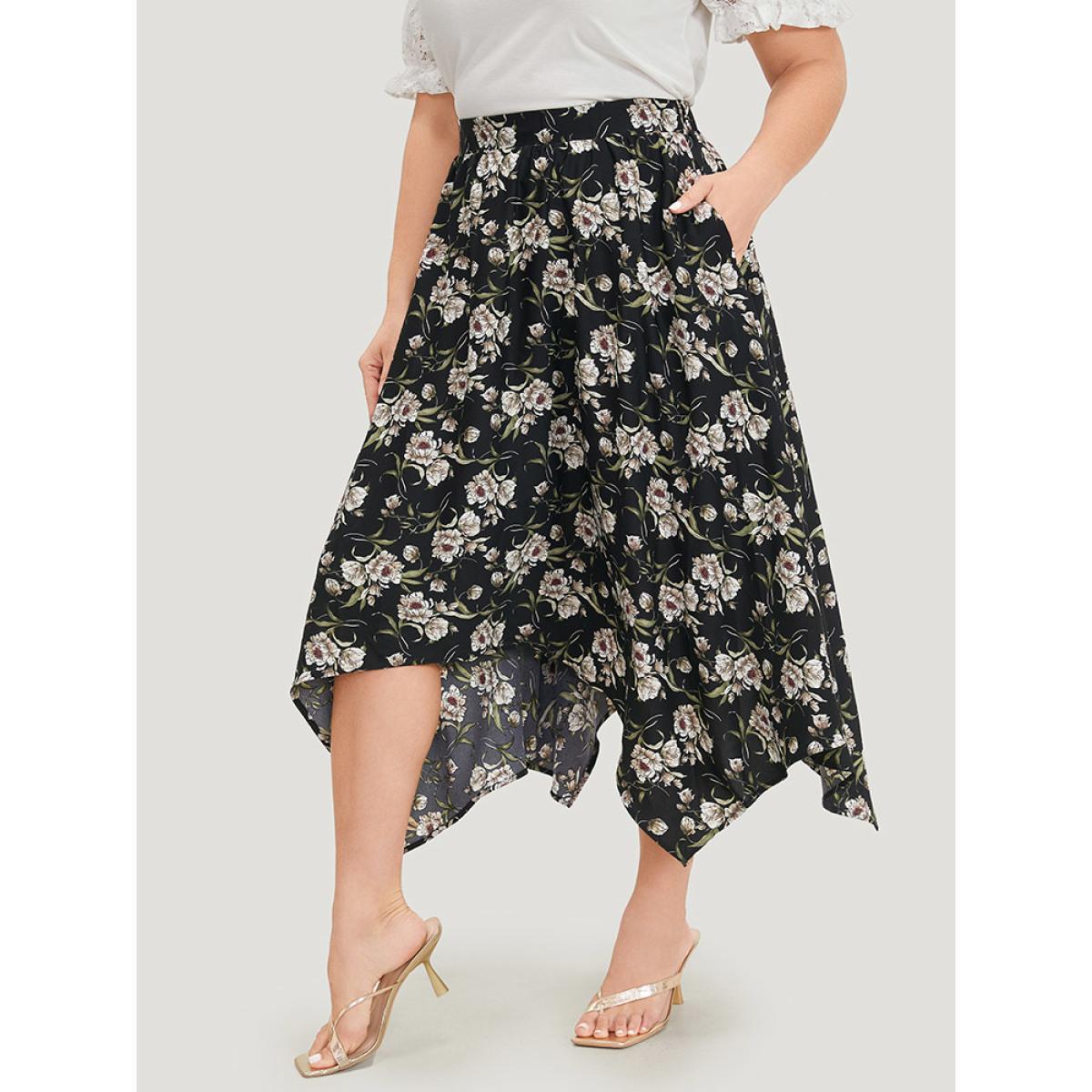 Plus Size Floral Print Pocket Elastic Waist Hanky Hem Skirt Women BlackFlower Elegant Printed No stretch Dailywear Skirts BloomChic 26/4X Product Image