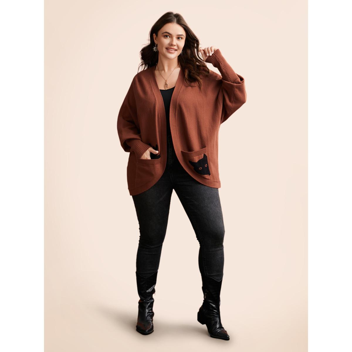 Plus Size Cat Printed Pockets Arc Hem Cardigan Browncoffeecolor Women Playful Loose Long Sleeve Casual Cardigans BloomChic 30/6X Product Image