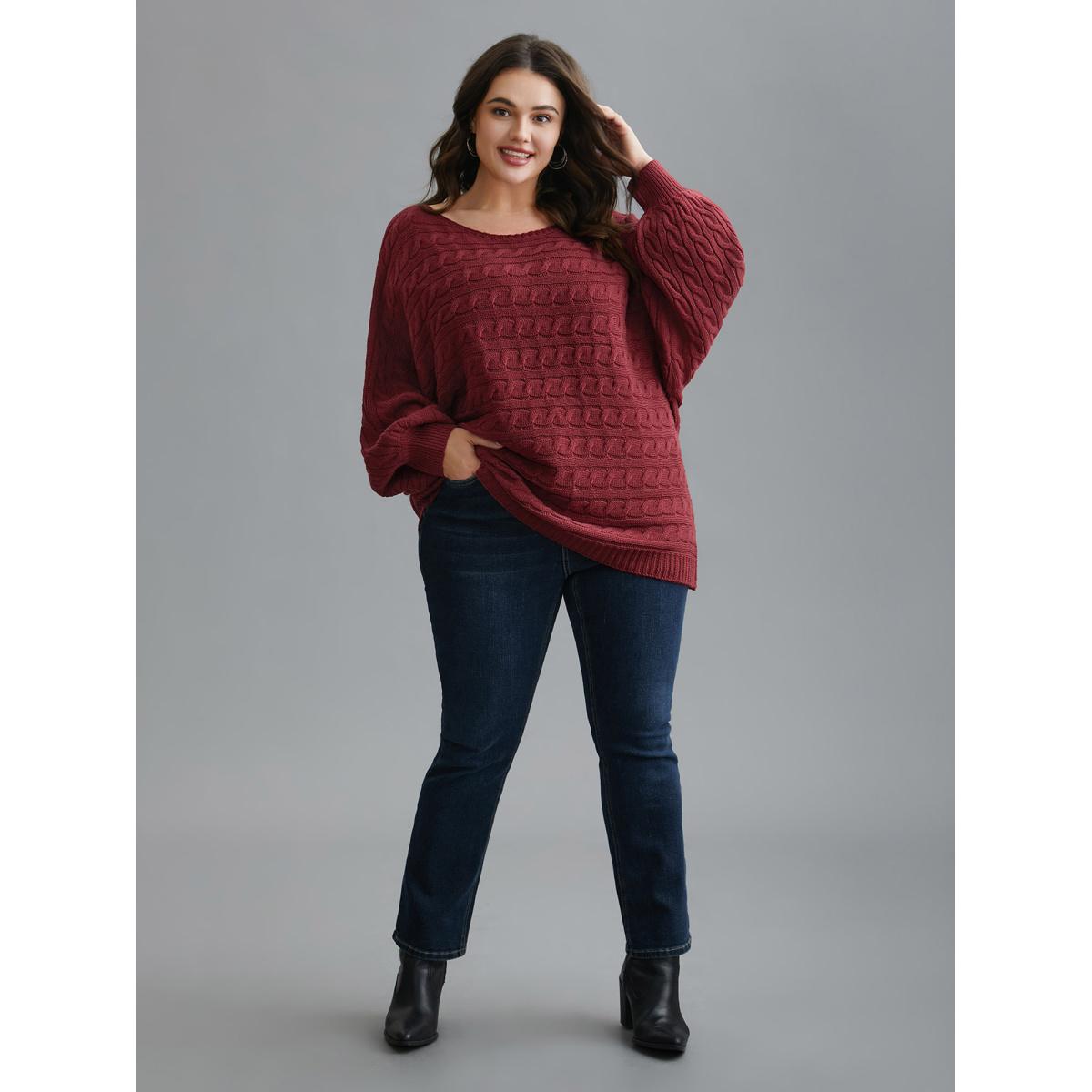 Plus Size Cable Knit Dolman Sleeve Pullover Deepred Women Casual Loose Long Sleeve Boat Neck Everyday Pullovers BloomChic 28/5X Product Image
