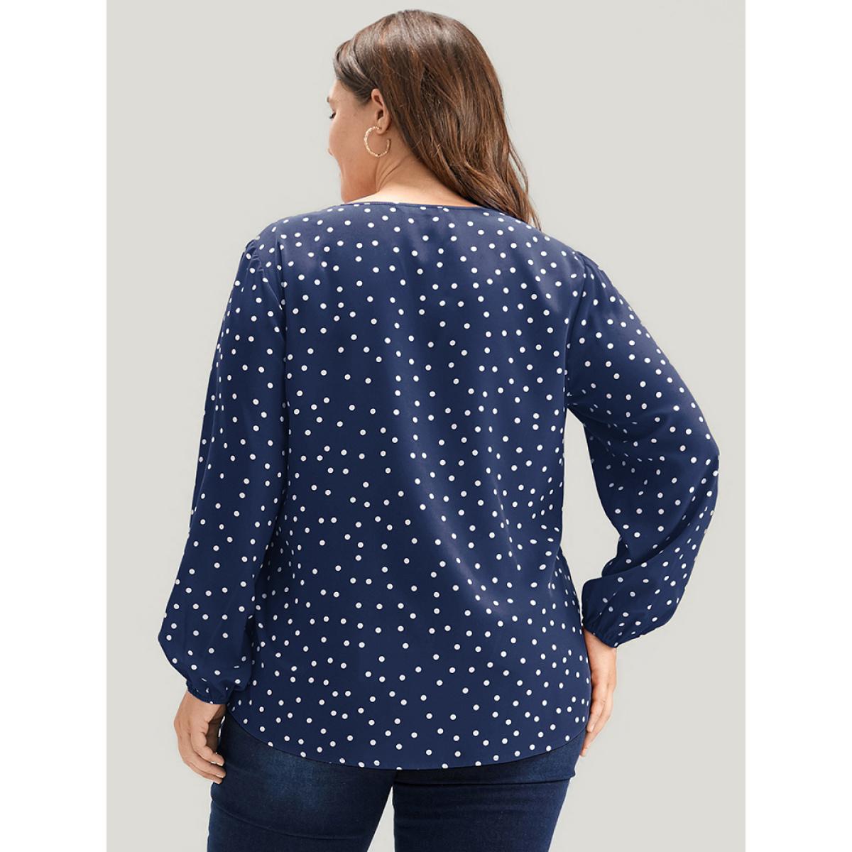 Plus Size Blue Polka Dot Lantern Sleeve Notched Blouse Women Elegant Long Sleeve V-neck Dailywear Blouses BloomChic 14-16/1X Product Image