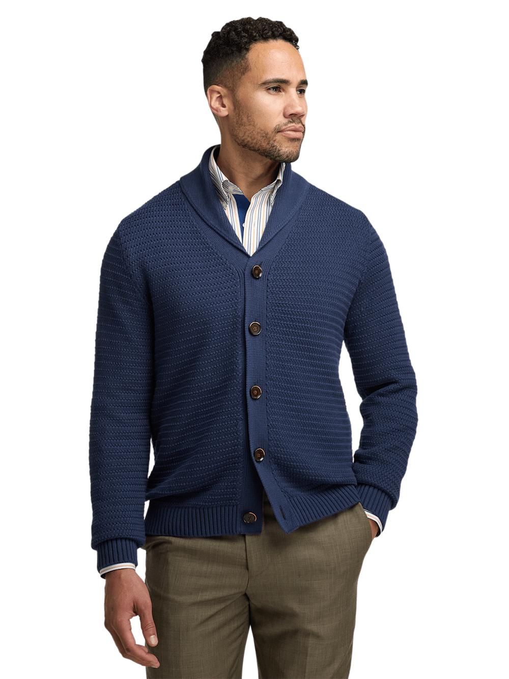Cotton Button Front Shawl Collar Cardigan Sweater - Navy Product Image