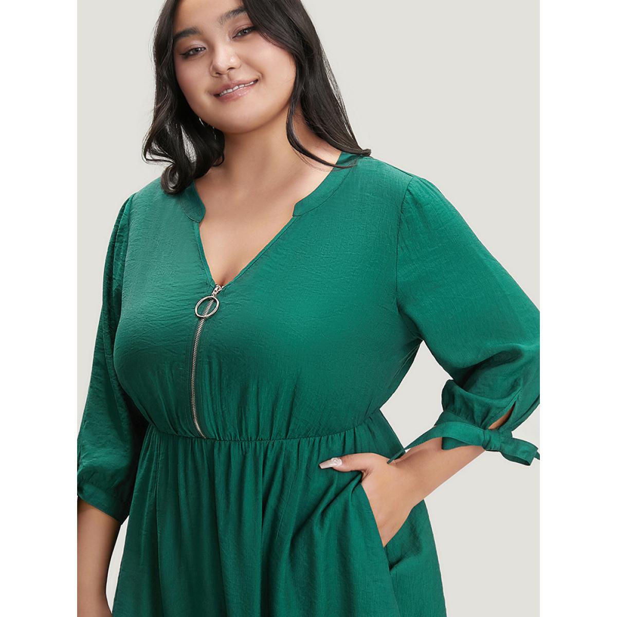 Plus Size Solid Pocket Knot Sleeve Half Zipper Arc Hem Dress DarkGreen Women Office Cross straps V-neck Elbow-length sleeve Curvy Midi Dress BloomChic 28/5X Product Image