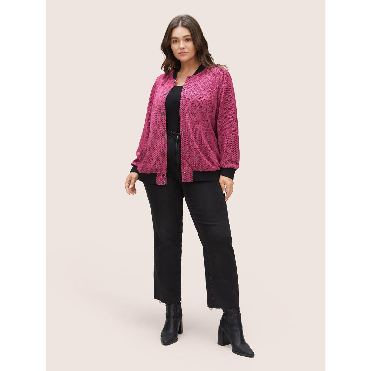 Plus Size Contrast Textured Baseball Collar Jacket Women RedViolet Non Side seam pocket Everyday Jackets BloomChic 14-16/1X Product Image