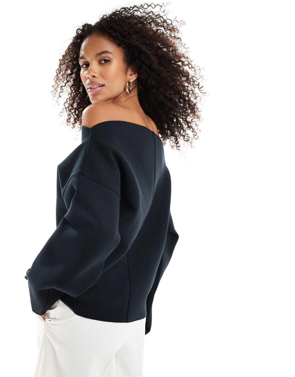 ASOS DESIGN scuba slash neck long sleeve sweatshirt in black Product Image