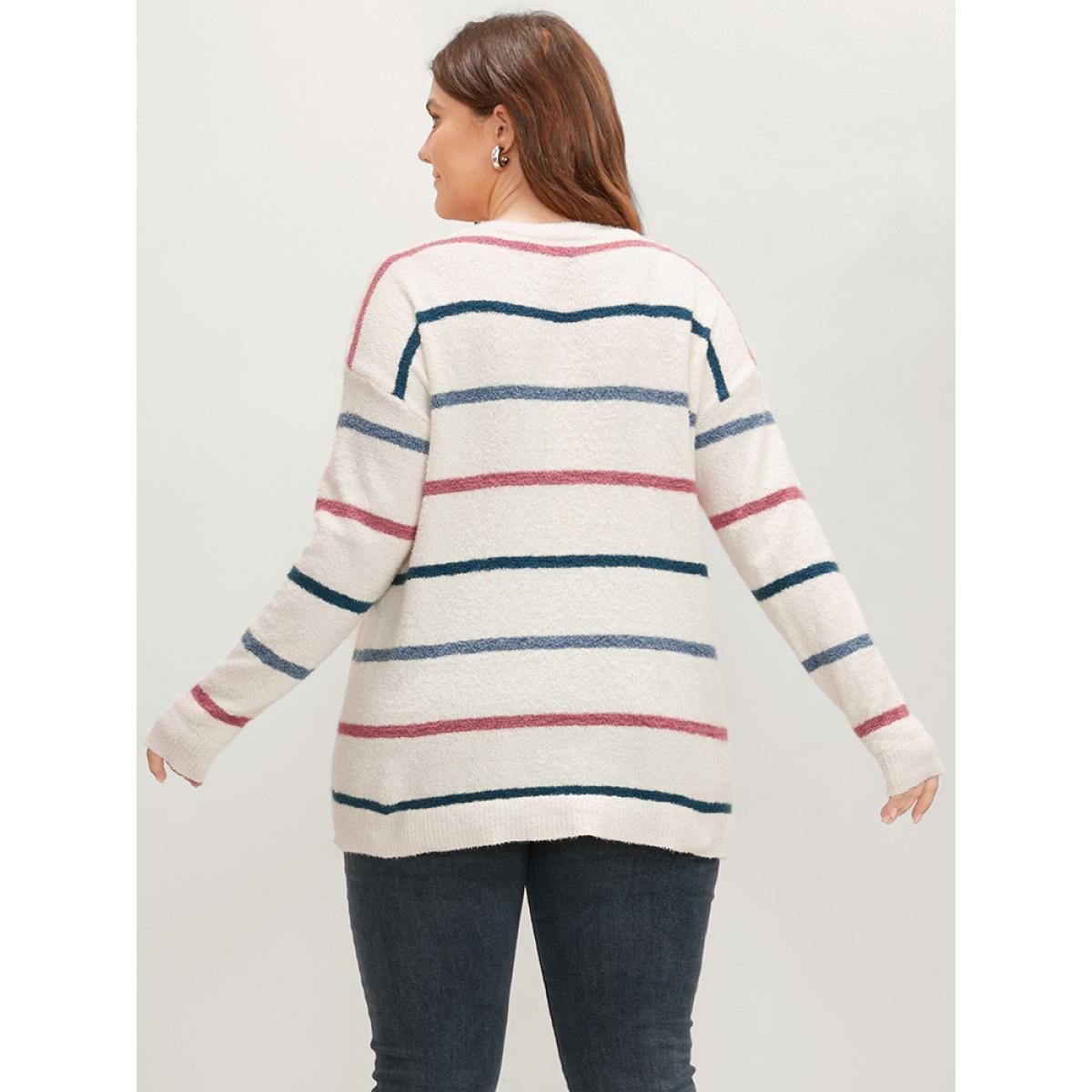 Plus Size Striped Contrast Super Soft Knit V Neck Fluffy Knit Top Ivory Women Elegant Loose Long Sleeve V-neck Dailywear Pullovers BloomChic 14-16/1X Product Image