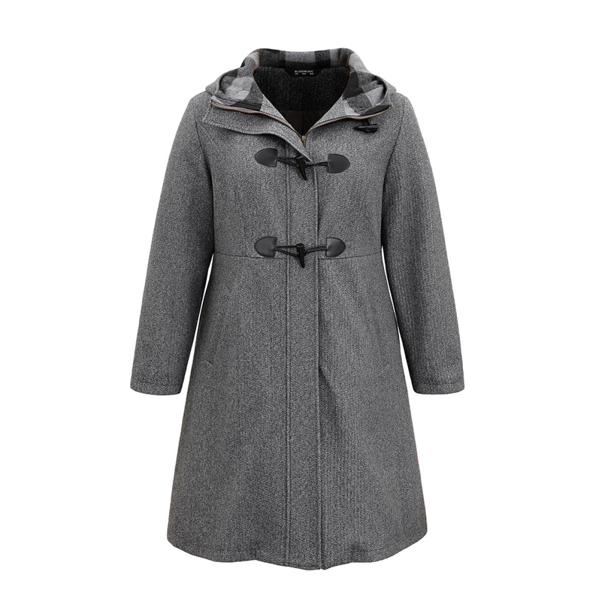 Plus Size Plaid Hooded Pocket Duffle Button Tunic Coat Women DimGray Casual Lined Loose Ladies Everyday Winter Coats BloomChic 30/6X Product Image