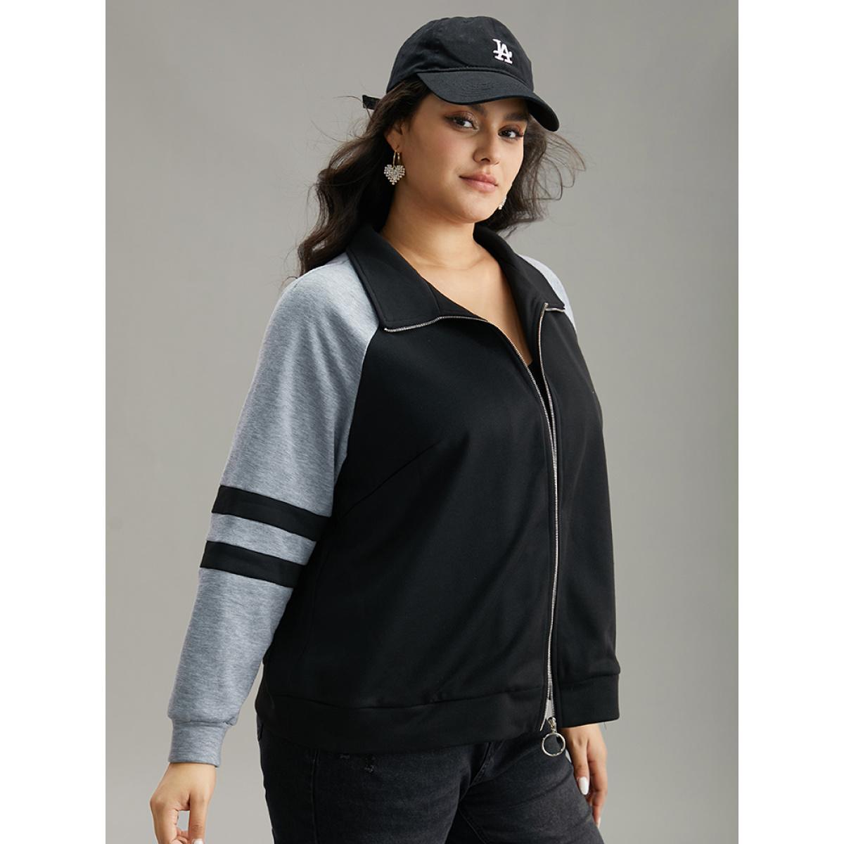 Plus Size Contrast Contrast Trim O Ring Zipper Jacket Women Black Contrast Everyday Jackets BloomChic 14-16/1X Product Image