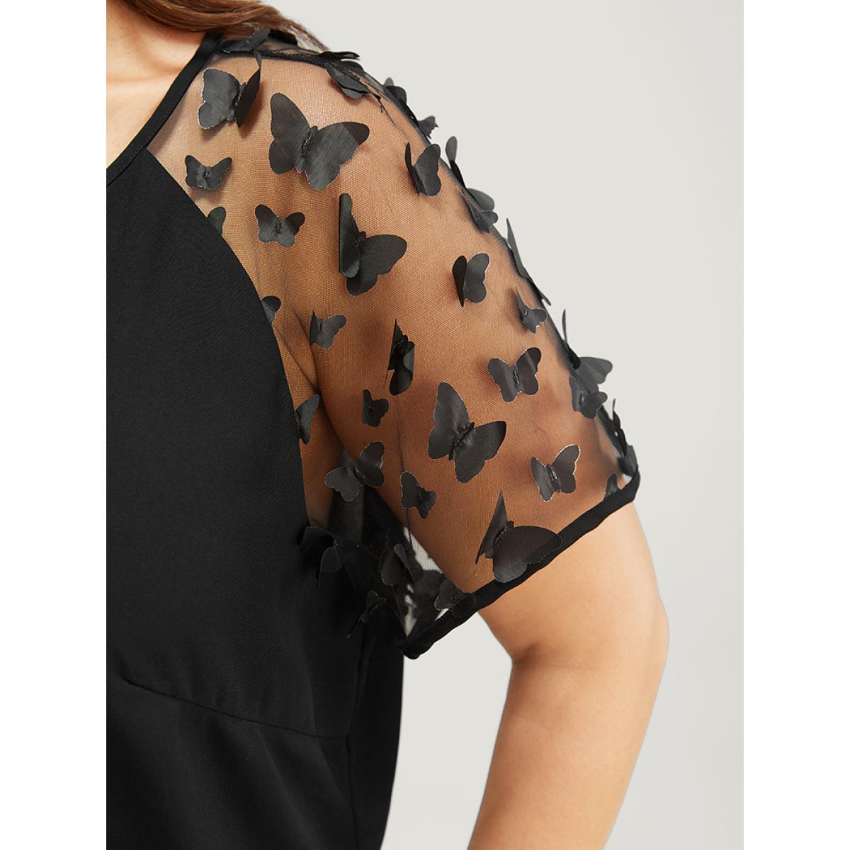 Plus Size Black Plain Butterfly Appliques Mesh Raglan Sleeve Blouse Women Party Short sleeve Round Neck Dailywear Blouses BloomChic 10/M Product Image