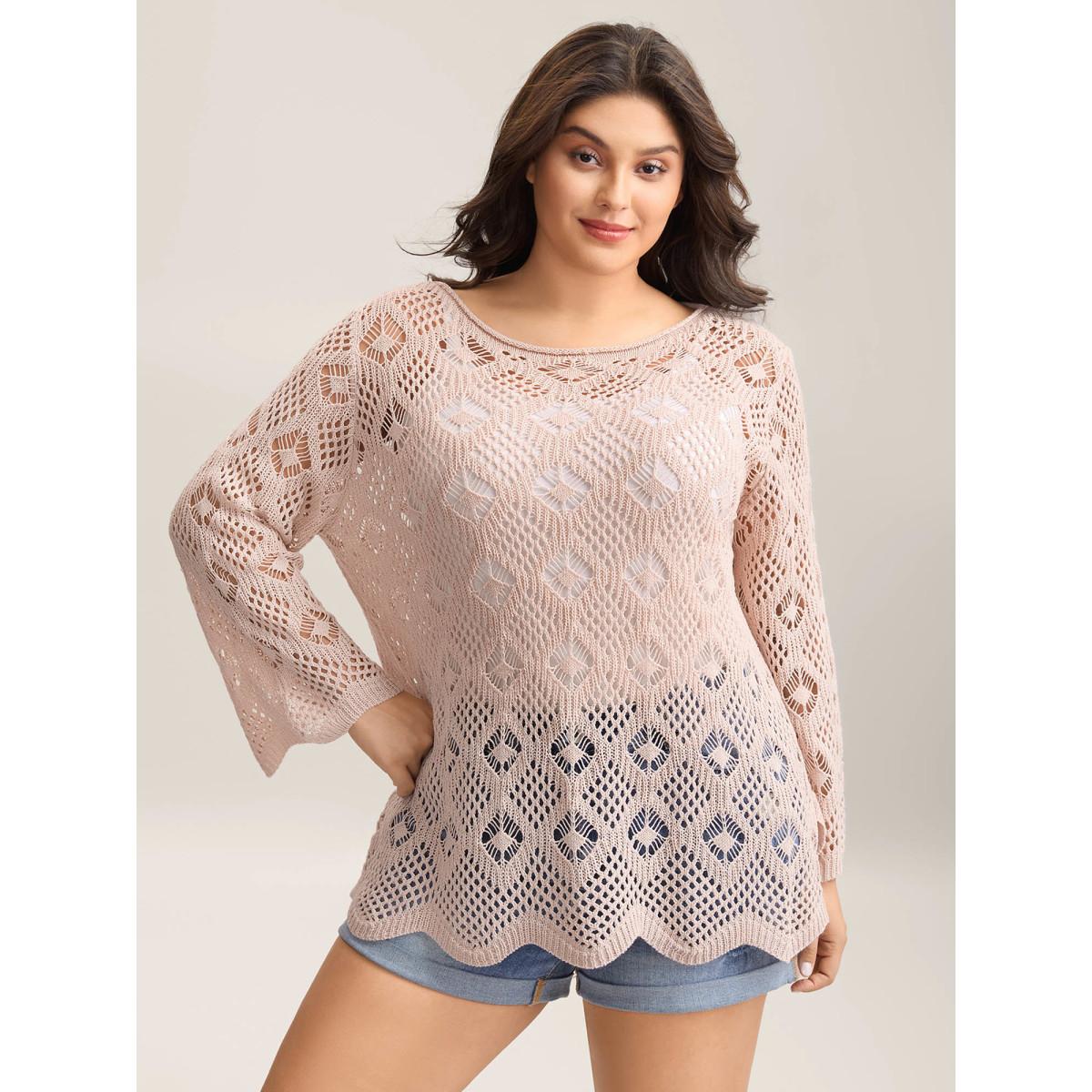 Plus Size Cut Out Textured Feel Pullover MistyRose Women Casual Loose Long Sleeve Round Neck Everyday Pullovers BloomChic 22-24/3X Product Image