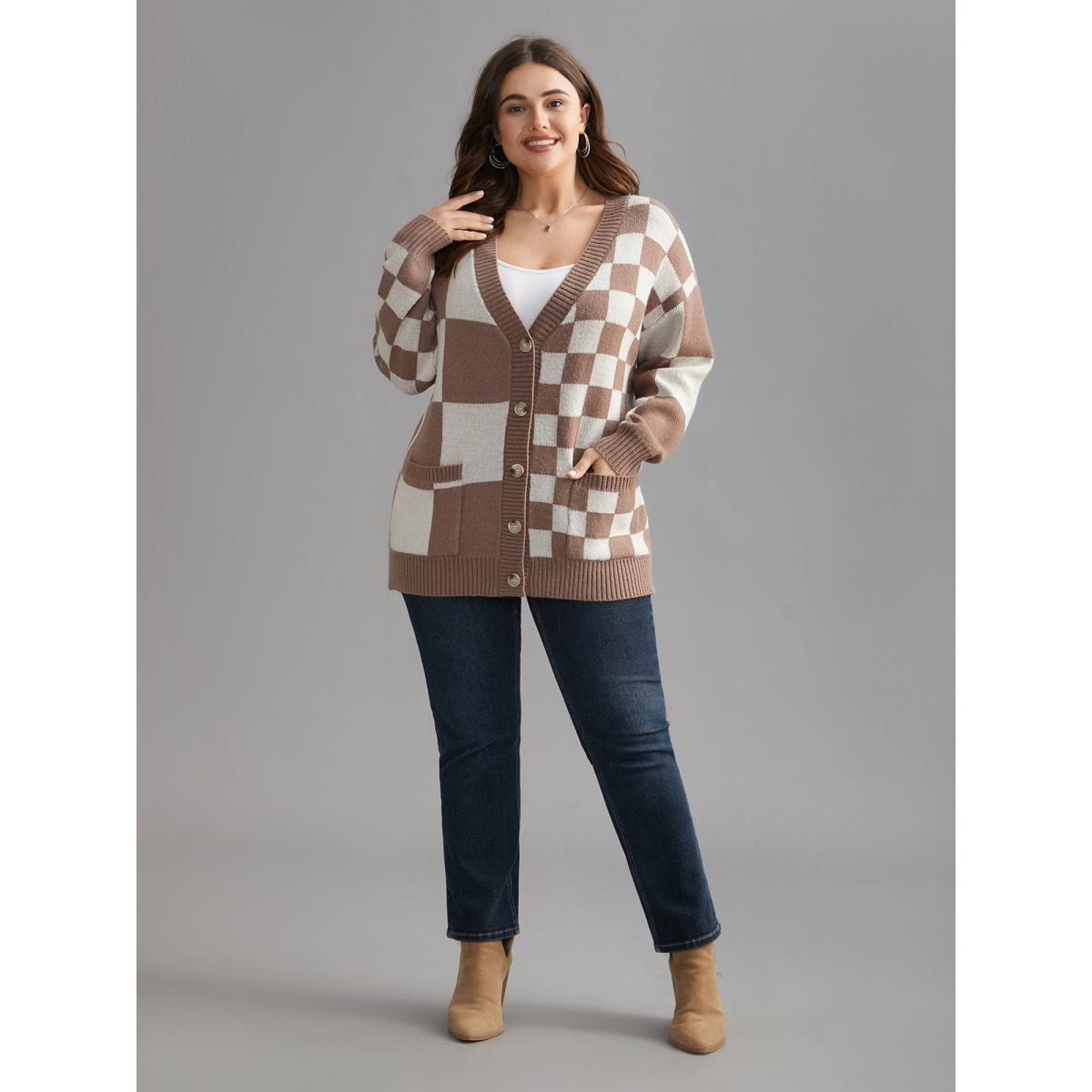Plus Size Checkered V-Neck Button Front Knit Cardigan LightBrown Women Casual Loose Long Sleeve Everyday Cardigans BloomChic 18-20/2X Product Image