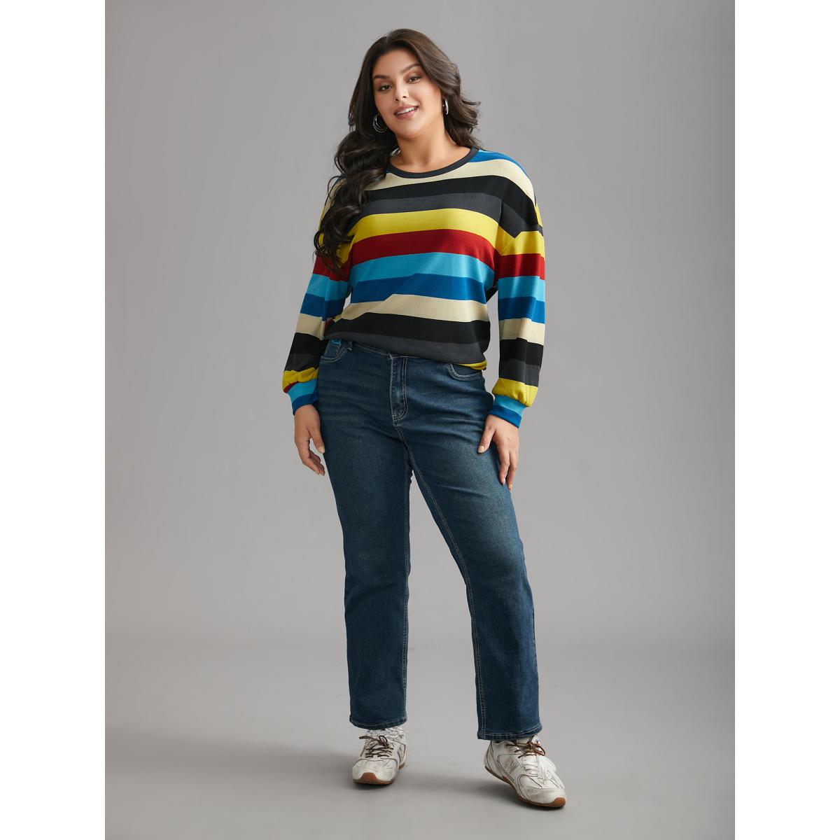 Plus Size Multi-Color Striped Stretchy Crew Neck T-shirt Multicolor Women Casual Contrast Round Neck Loose Everyday T-shirts BloomChic 30/6X Product Image