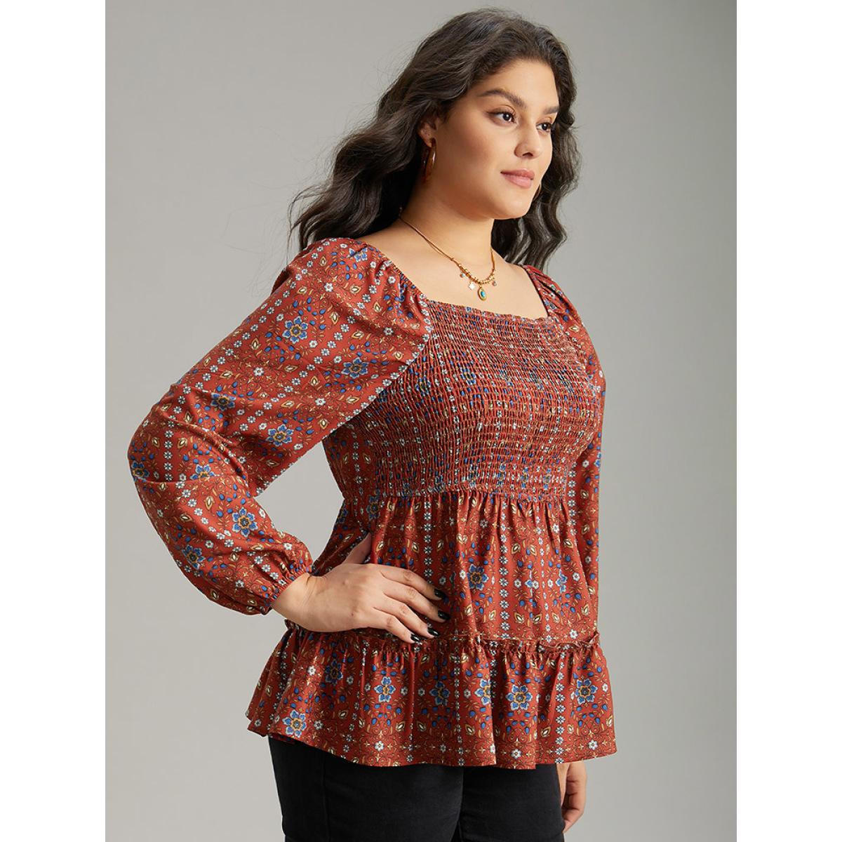 Plus Size Scarlet Boho Print Shirred Tiered Ruffles Blouse Women Vacation Long Sleeve Square Neck Dailywear Blouses BloomChic 14-16/1X Product Image