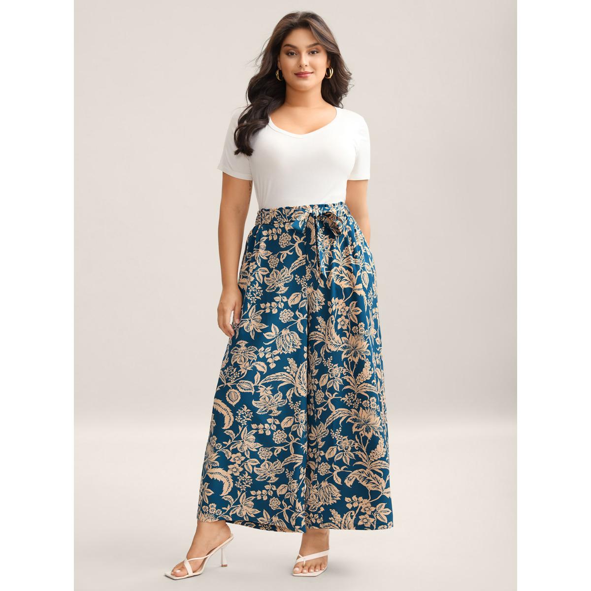 Plus Size Floral Perfection Belted Wide-Leg Pants Women Indigo Elegant Wide Leg Mid Rise Everyday-Elegant Pants BloomChic 26/4X Product Image