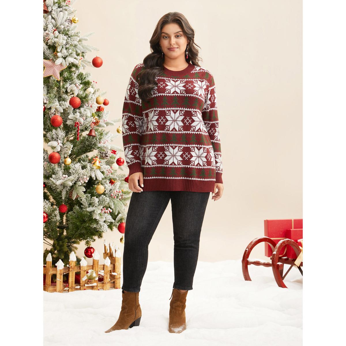 Plus Size Supersoft Essentials Snowflakes Pattern Ribbed Pullover Scarlet Women Casual Loose Long Sleeve Round Neck Everyday Pullovers BloomChic 26/4X Product Image