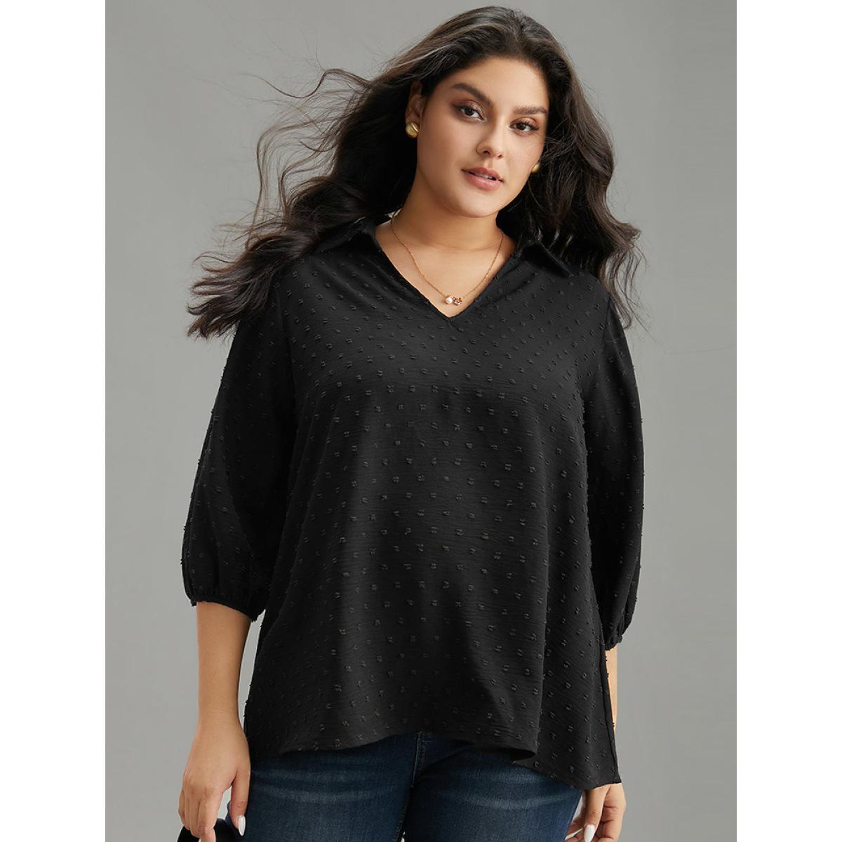 Plus Size Black Plisse Polka Dot Elastic Cuffs Blouse Women Office Elbow-length sleeve Shirt collar Office Blouses BloomChic 26/4X Product Image