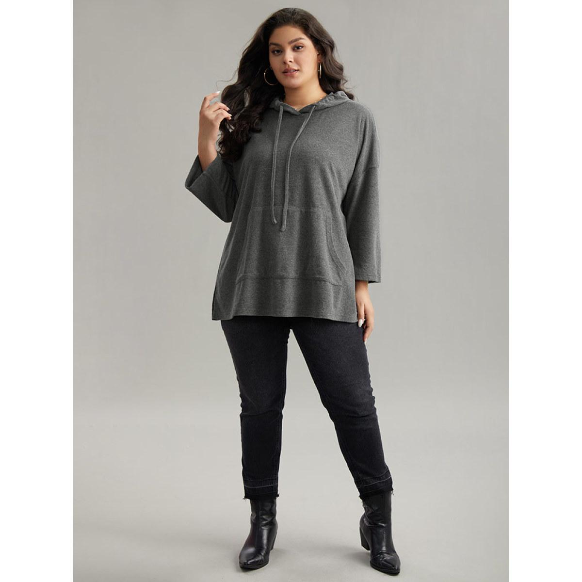 Plus Size Plain Split Side Pocket Hooded Drawstring Sweatshirt Women Gray Casual Plain Hooded Everyday Sweatshirts BloomChic 10/M Product Image