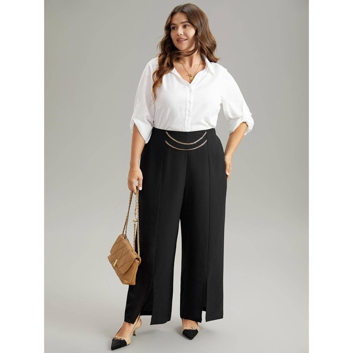 Plus Size Static-Free Metal Chain Detail Split Hem Pants Women Black At the Office Straight Leg High Rise Office Pants BloomChic 10/M Product Image