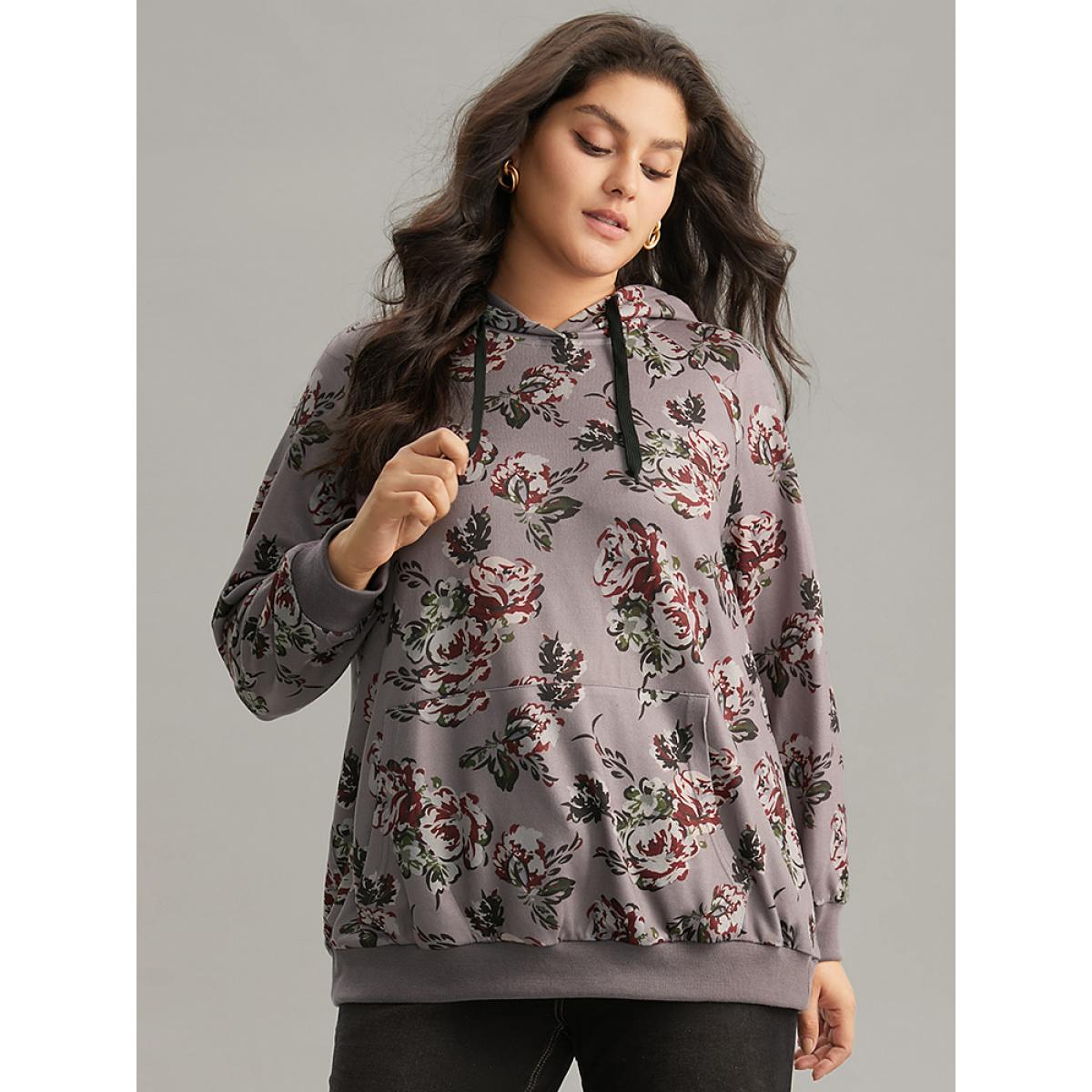 Plus Size Floral Drawstring Hooded Kangaroo Pocket Sweatshirt Women Gray Elegant Printed Hooded Dailywear Sweatshirts BloomChic 26/4X Product Image