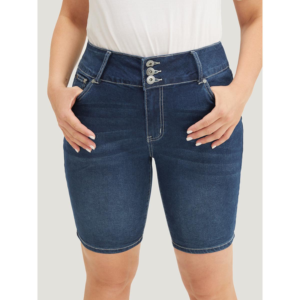 Plus Size Slightly Stretchy High Rise Black Wash Denim Shorts Women Indigo Casual Plain Button Low stretch Side seam pocket Jeans BloomChic 20/2X Product Image