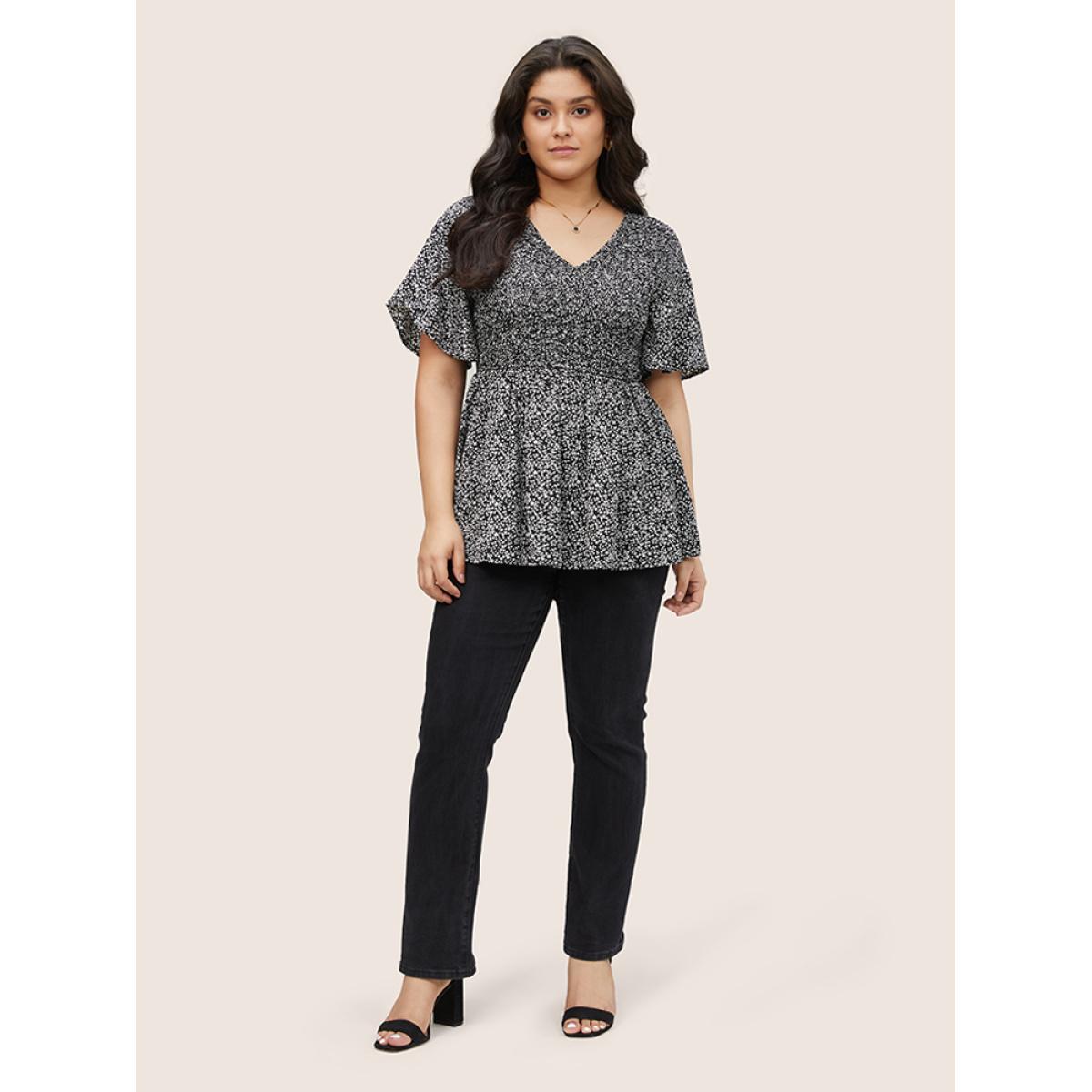 Plus Size Black Ditsy Floral Shirred Ruffle Sleeve Elastic Waist Blouse Women Timeless Short sleeve V-neck Elegant Blouses BloomChic 28/5X Product Image