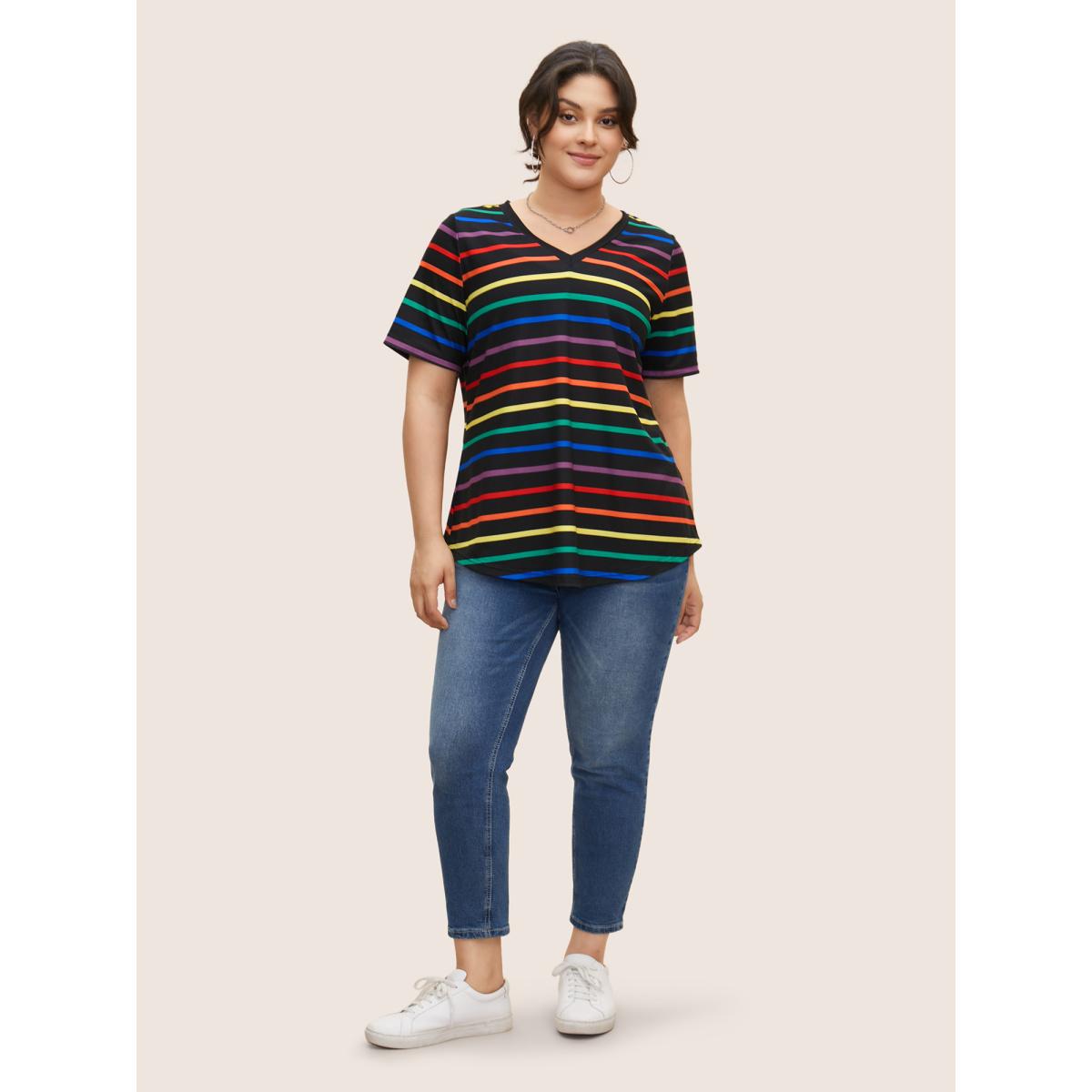 Plus Size V Neck Contrast Striped Stretched T-shirt Multicolor Women Casual Contrast V-neck Everyday T-shirts BloomChic 14-16/1X Product Image