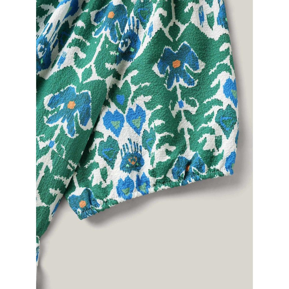 Plus Size Boho Pattern Stretchy Waist Pockets Midi Dress Teal Women Boho Flat collar with V-notch Short sleeve Curvy BloomChic 10/M Product Image