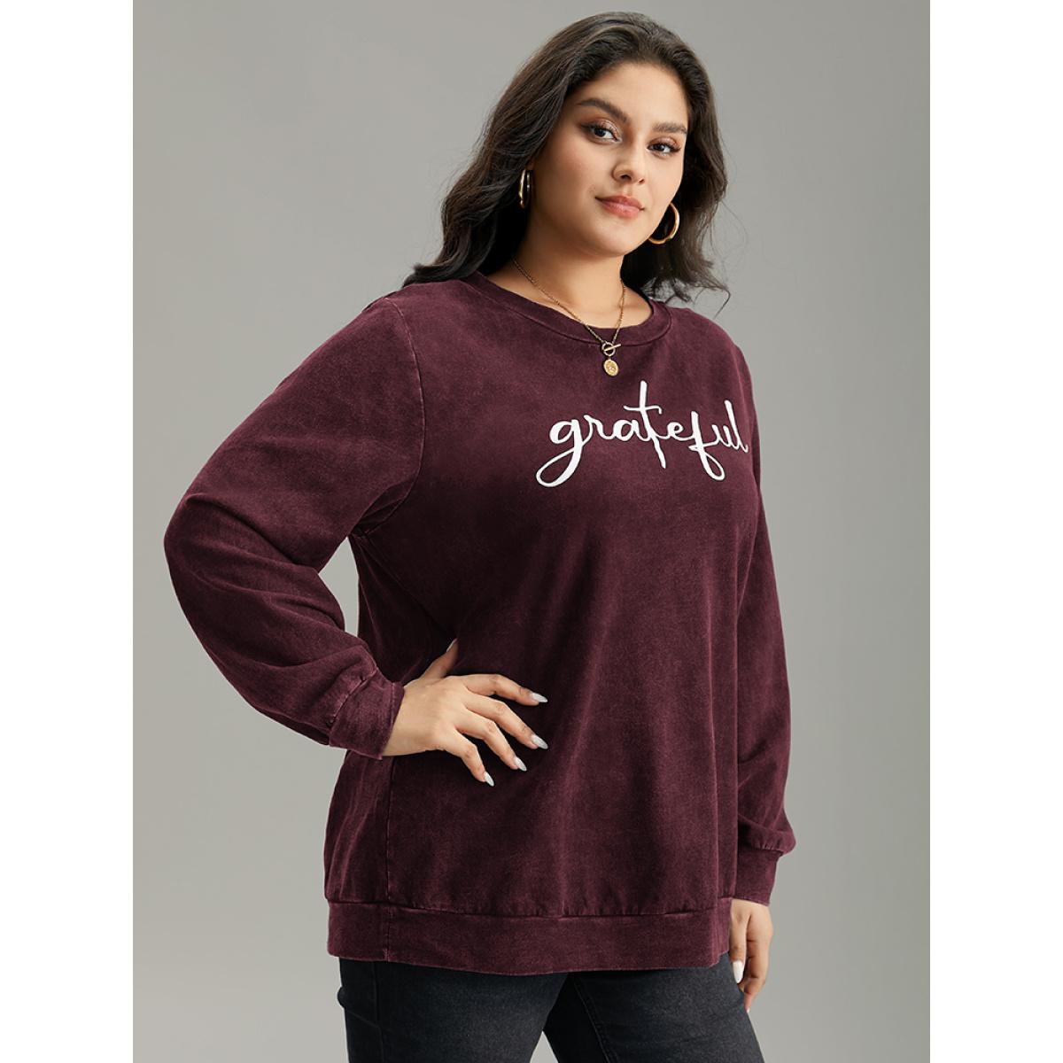 Plus Size Solid Letter Print Crew Neck Sweatshirt Women Burgundy Casual Printed Dailywear Sweatshirts BloomChic 22-24/3X Product Image