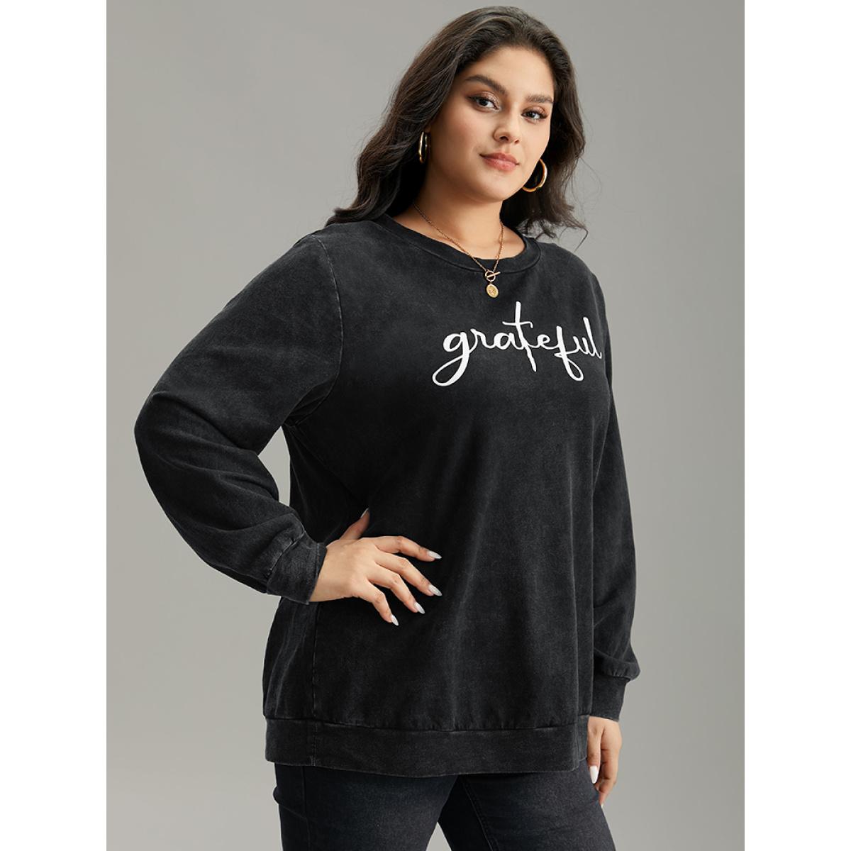 Plus Size Solid Letter Print Crew Neck Sweatshirt Women Black Casual Printed Dailywear Sweatshirts BloomChic 10/M Product Image