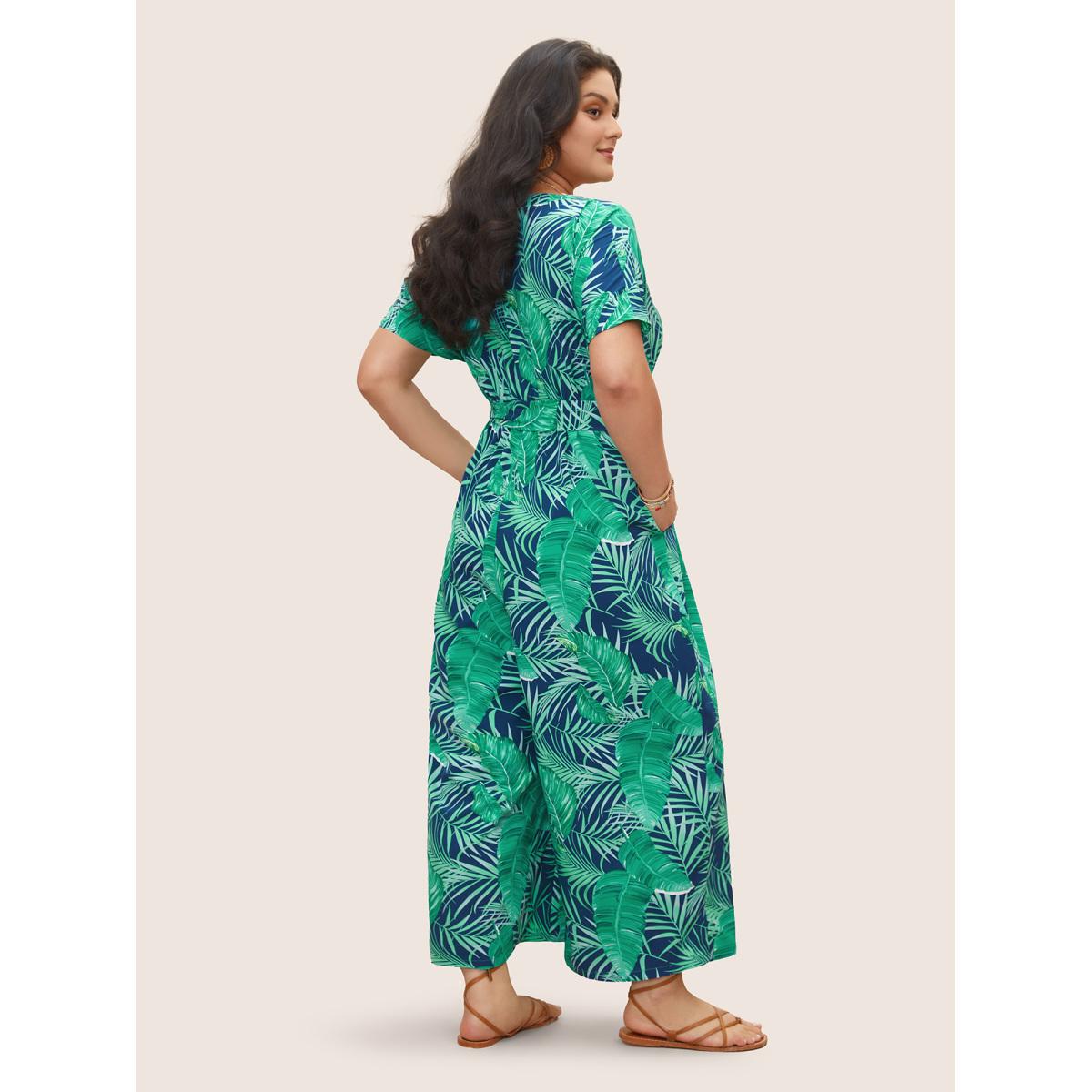 Plus Size Indigo Tropical Print Button Up Belted Jumpsuit Women Resort Short sleeve V-neck Vacation Loose Jumpsuits BloomChic 12/L Product Image