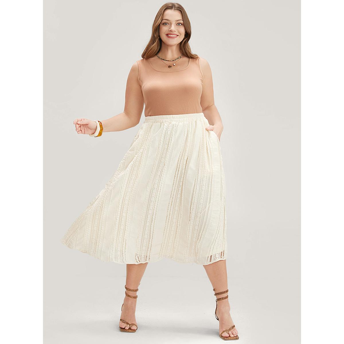 Plus Size Solid Textured Pocket Plisse Skirt Women Apricot Vacation Ruffles Low stretch Pocket Dailywear Skirts BloomChic 22-24/3X Product Image