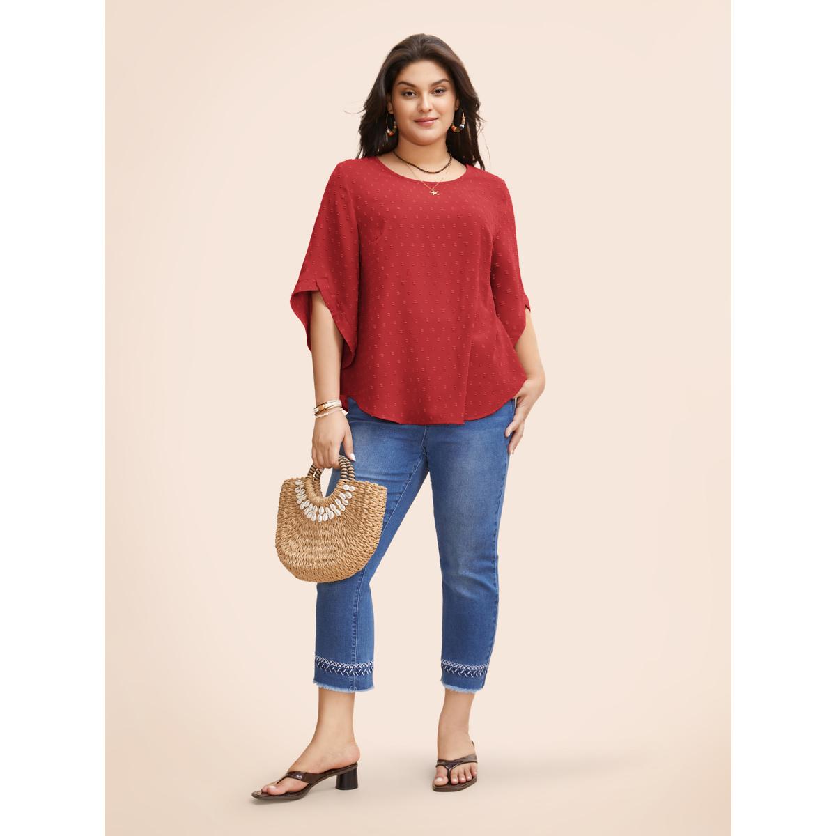 Plus Size Crimson Textured Round Neck Bell Sleeve Blouse Women Elegant Elbow-length sleeve Round Neck Everyday Blouses BloomChic 12/L Product Image