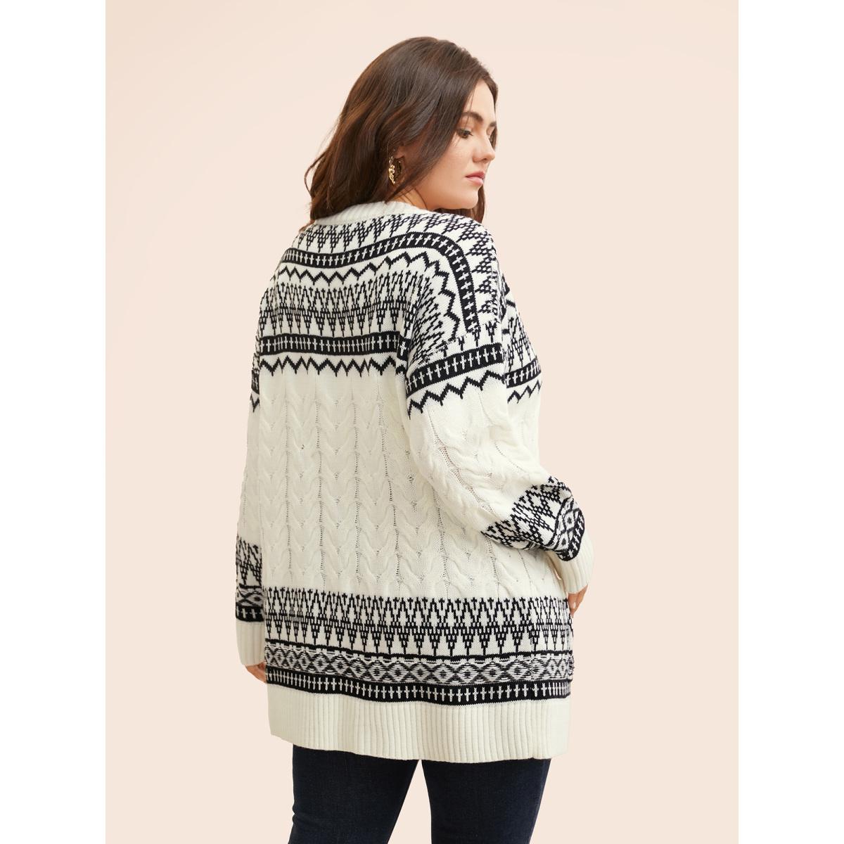 Plus Size Bandana Jacquard Cable Knit Pocket Cardigan Ivory Women Leisure Loose Long Sleeve Casual Cardigans BloomChic 30/6X Product Image