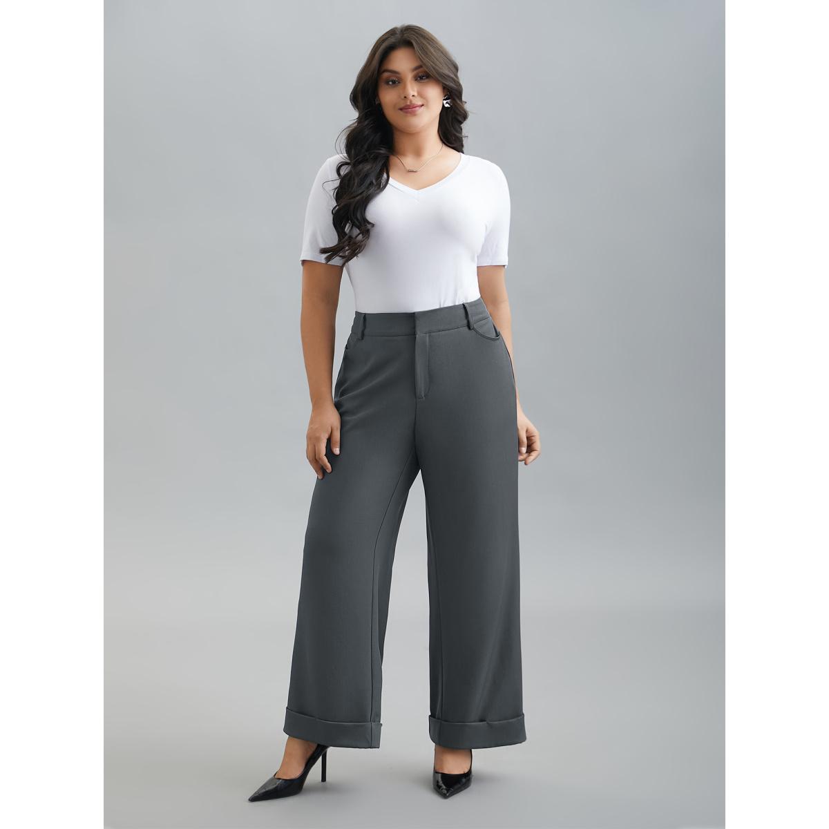 Plus Size Stretchy-Waist Roll Hem Pants Women DimGray Workwear Essentials Bootcut Mid Rise Work Pants BloomChic 18-20/2X Product Image