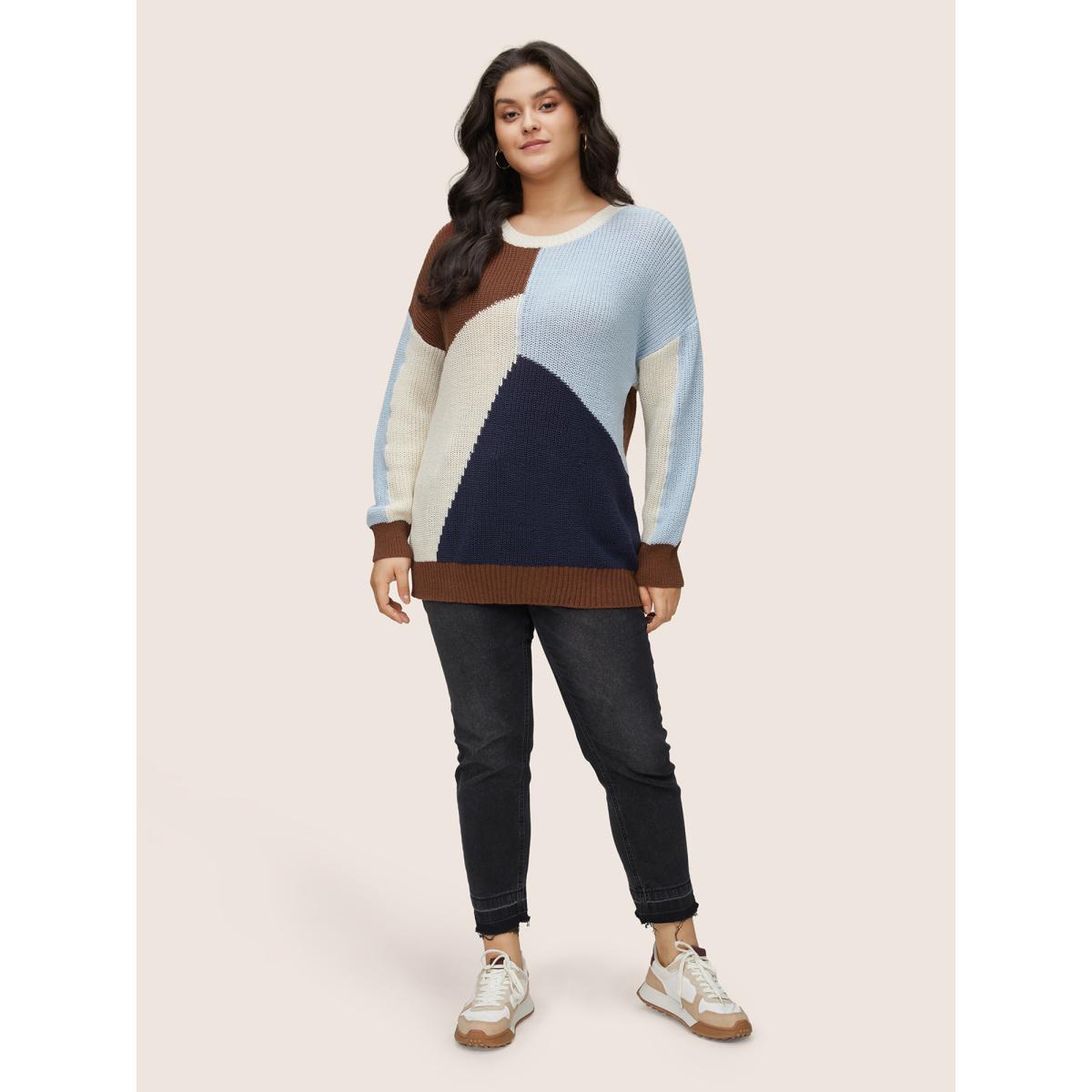 Plus Size Asymmetrical Colorblock Contrast Drop Shoulder Pullover DarkBrown Women Casual Loose Long Sleeve Round Neck Dailywear Pullovers BloomChic 18-20/2X Product Image