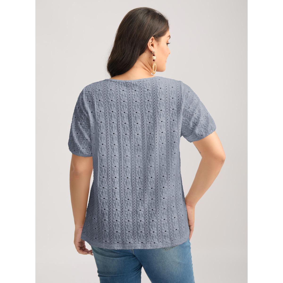 Plus Size Eyelet Trim Floral Embroidered Solid T-Shirt Mint Women Romantic Woven ribbon&lace trim Square Neck Elegant T-shirts BloomChic 14-16/1X Product Image