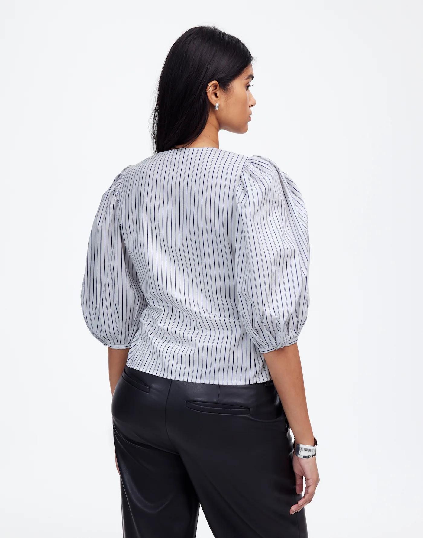 Puff-Sleeve Button-Up Top in Stripe Product Image