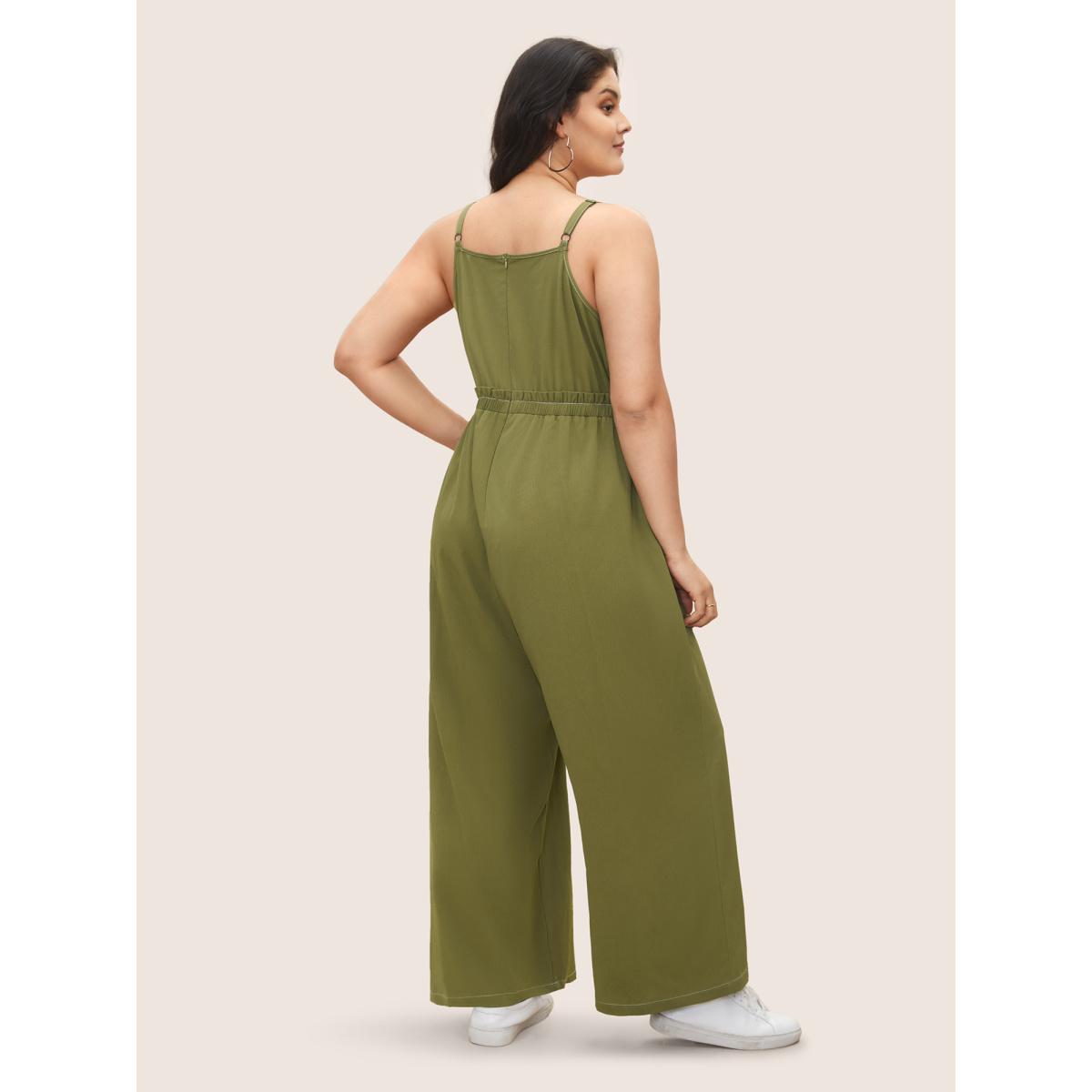Plus Size ArmyGreen Plain Tucked Seam Frill Trim Jumpsuit Women Casual Sleeveless Non Everyday Loose Jumpsuits BloomChic 26/4X Product Image