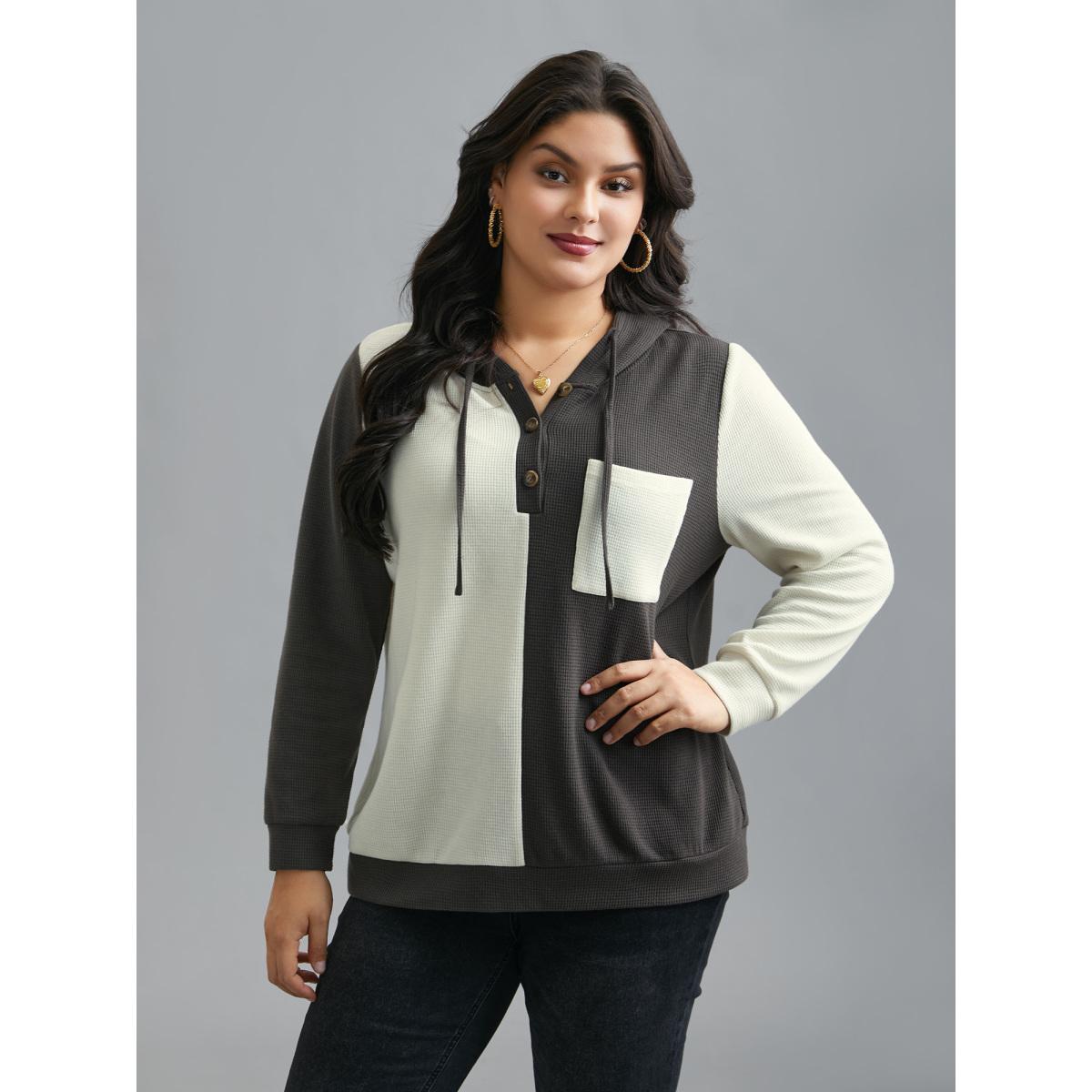 Plus Size Half Placket Chest Textured Pocket Hoodie Women DimGray Casual Texture Hooded Everyday Sweatshirts BloomChic 12/L Product Image