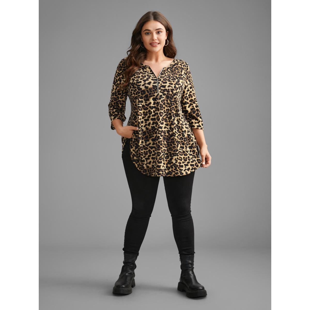 Plus Size Leopard Print Half Zipper Arc Hem T-shirt Leopard Women Casual Non Round Neck Loose Everyday T-shirts BloomChic 28/5X Product Image