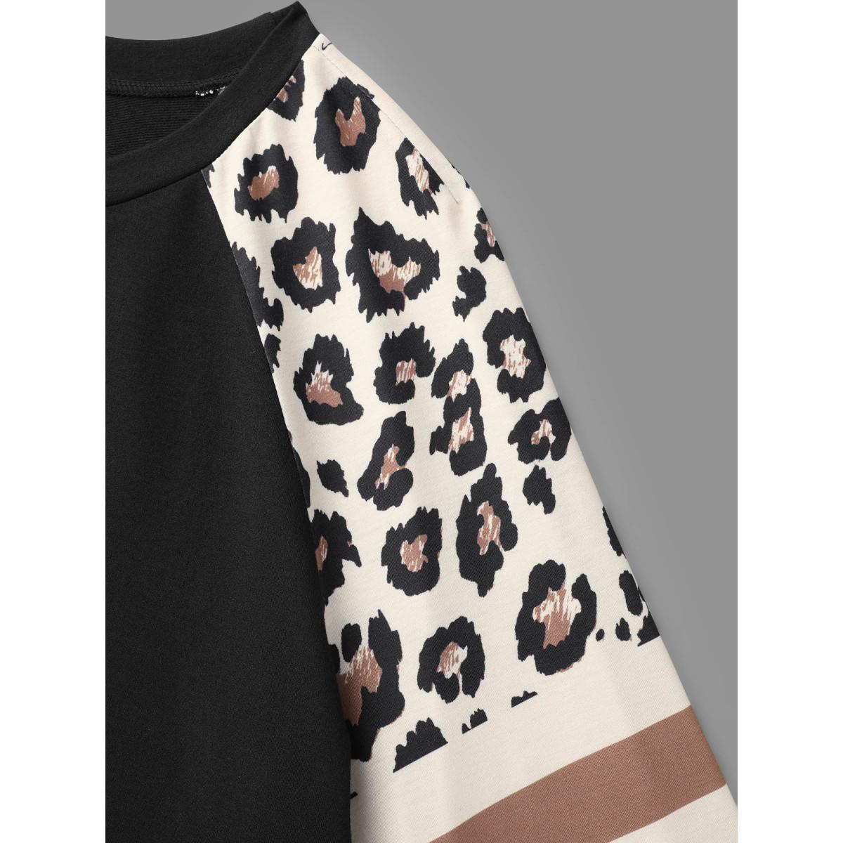 Plus Size Round Neck Stretchy Leopard Sleeve Sweatshirt Women Black Casual Contrast Round Neck Everyday Sweatshirts BloomChic 30/6X Product Image