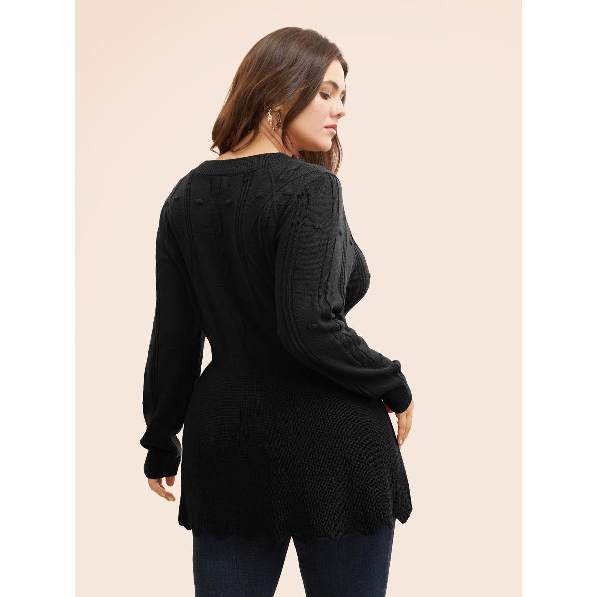 Plus Size Plain Textured Scalloped Trim Pullover Black Women Casual Bodycon Long Sleeve Round Neck Everyday Pullovers BloomChic 12/L Product Image