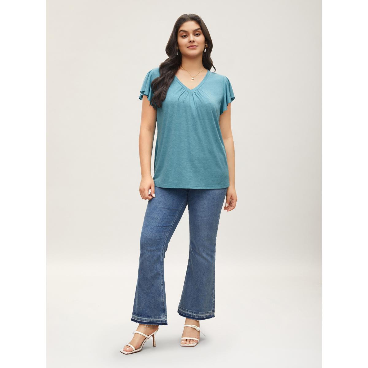 Plus Size Solid Heather Gathered Ruffle Sleeve T-shirt Cerulean Women Timeless Non V-neck Elegant T-shirts BloomChic 10/M Product Image