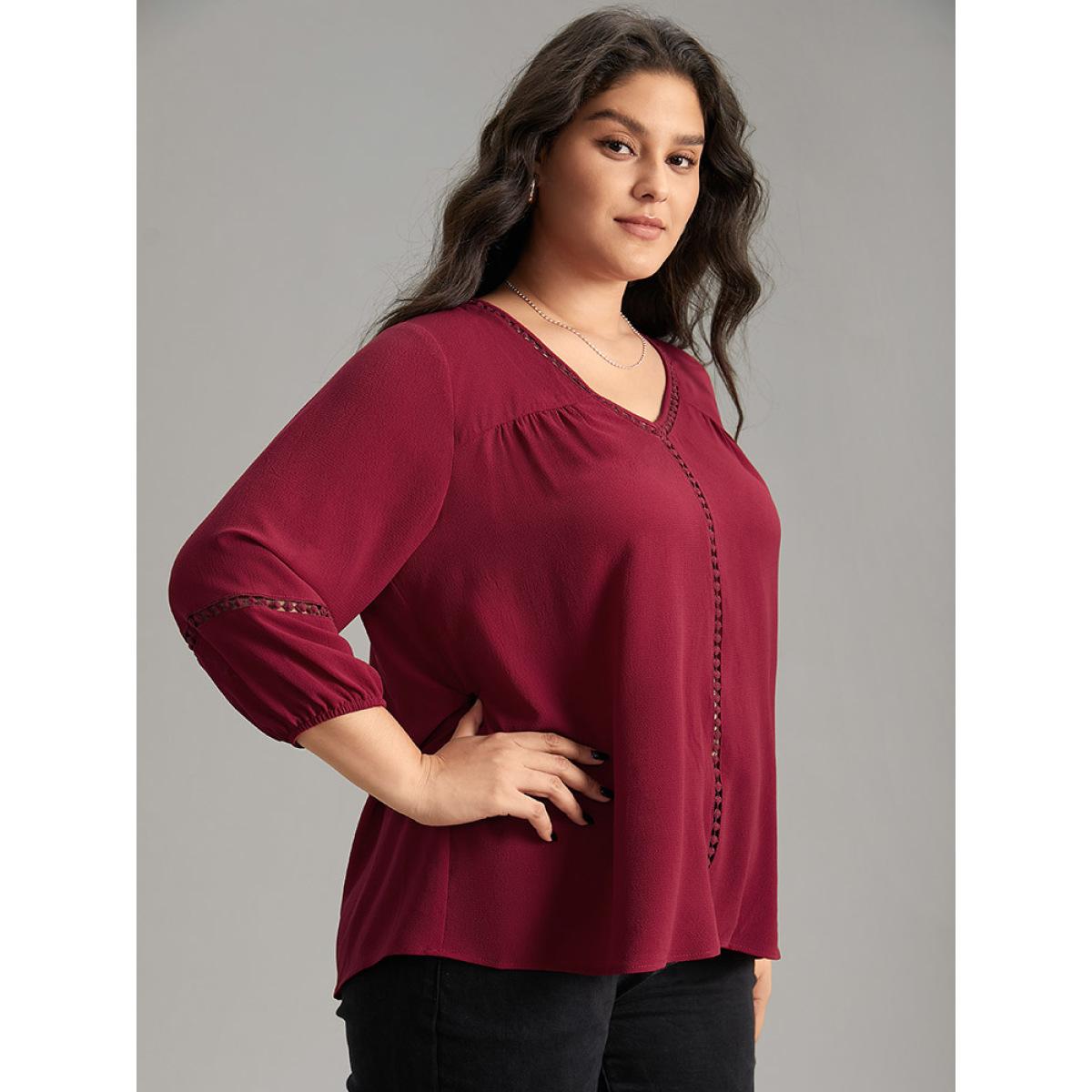 Plus Size Scarlet Plain Lace Patchwork Gathered Lantern Sleeve Blouse Women Elegant Elbow-length sleeve V-neck Dailywear Blouses BloomChic 28/5X Product Image