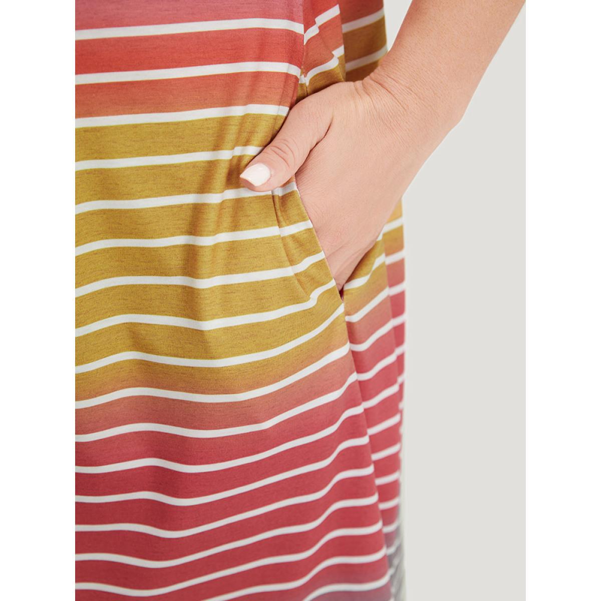 Plus Size Striped Contrast Roll Pocket Dolman Sleeve Dress Multicolor Women Casual Plain Round Neck Short sleeve Curvy Knee Dress BloomChic 14-16/1X Product Image